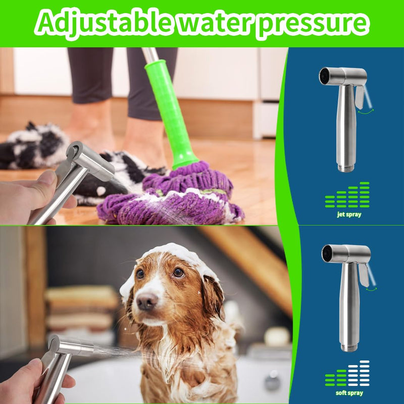 Handheld Bidet Sprayer for Toilet Kit,Stainless Steel Muslim Shower Toilet Bidet Faucets Attachment Set with T-Valve,Adjustable Water Pressure,Toilet Hose Sprayer,Cloth Diaper Spraye for Baby Wash Silver set