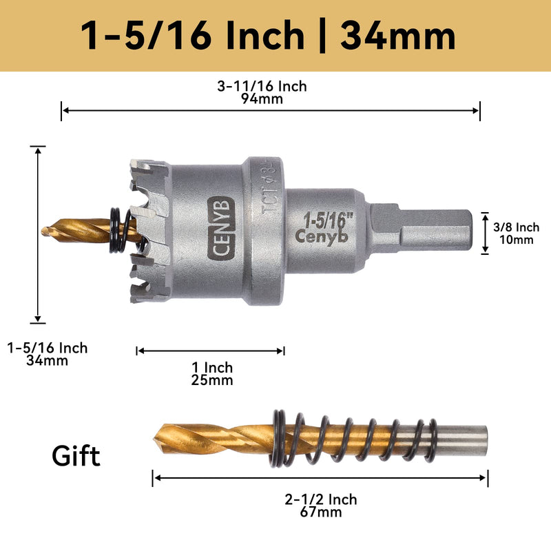 1-5/16" (34mm) Tungsten Carbide Tipped Hole Saw with 2Pcs Titanium-Plated Pilot Drill Bits for Hard Metal,Stainless Steel,Iron,Aluminum Alloy,Wood and Plastic 34mm | 1-5/16"