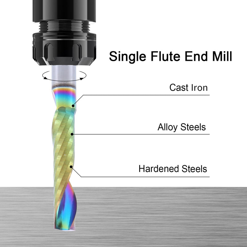 ISB Flat Nose End Mill Set, 1/8’’ Single Flute Nano End Mill Bits with DLC (Ta-C) Coating, CNC Drill Bits Cutter for Aluminum, Steel, Titanium, Wood, Perfect Ideal for DIYers & Professionals, 5
