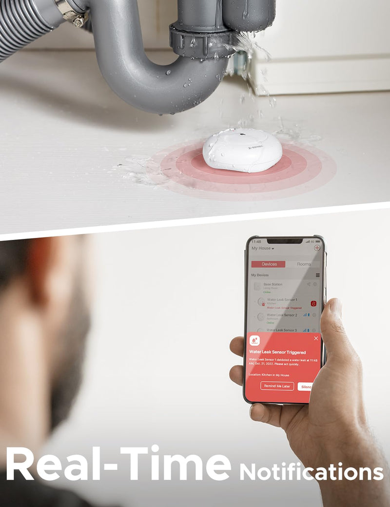 X-Sense Wi-Fi Water Leak Detector, Smart Water Sensor Alarm, Water Detector Alarm with 1700 ft Transmission Range for Kitchens, Basements, Bathrooms, 3 Water Detectors & 1 Base Station, Model SWS54 With Base Station