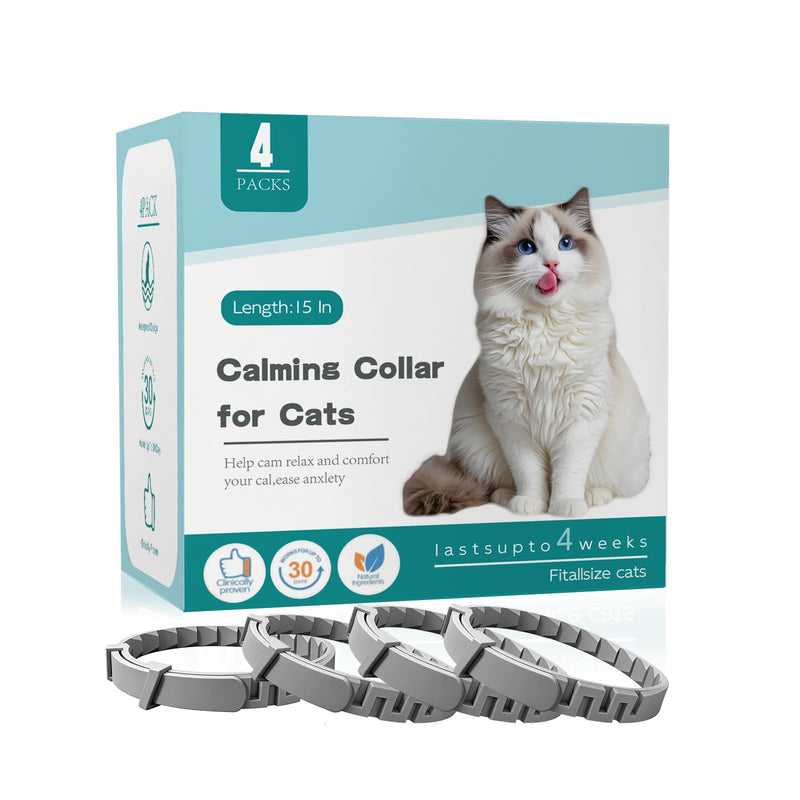 Calming Collar for Cats 4 Pack, Pheromone Stress Relief Collar for Indoor Cats, 15-Inch Adjustable Breakaway Design, 120-Day Support for Travel, Vet Visits, Moving, Fireworks Grey