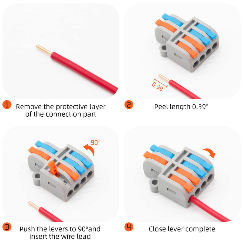 10Pcs Lever Wire Connectors, 2 in 4 Out Quick Wiring Cable Compact Electrical Connector for 24-12 AWG