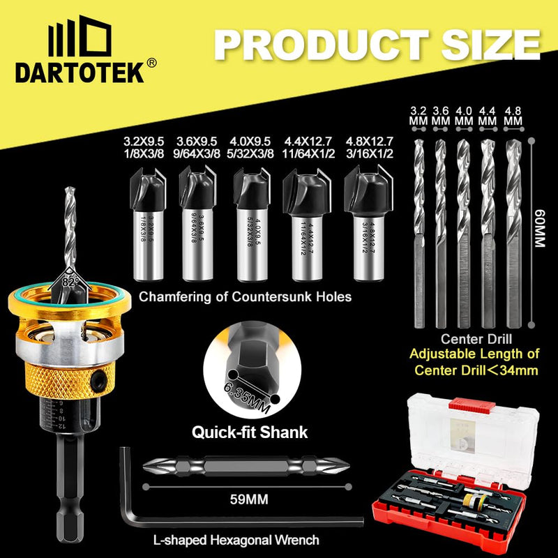 Countersink Drill Bit Set - HSS M2 Counter Sink Adjustable Depth Drill Bit for US Wood Screw, 1/8" 9/64" 5/32" 11/64" 3/16" 82° Counter-Bore New-5pcs