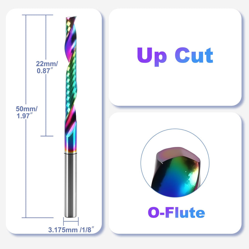 10 Pcs O Flute Up Cut Router Bits, 1/8 inch Shank Single Flute CNC End Mill, Spiral Solid Carbide Milling Cutters with DLC Coating, Ideal for Aluminum, Plastic, Acrylic, Wood, MDF and PVC