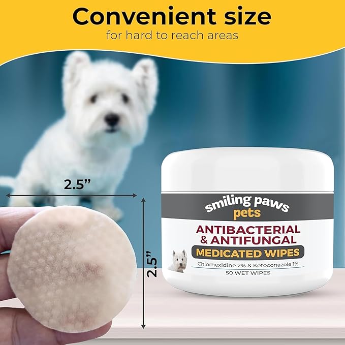 Advanced+ Medicated Antibacterial & Antifungal Wipe For Dogs & Cats – Contains Ketoconazole & Chlorhexidine - Dog Skin Yeast Infection Treatment - For Ringworm, Pyoderma, Bacteria & Fungus. 50 pads 1 x 50 Wipes