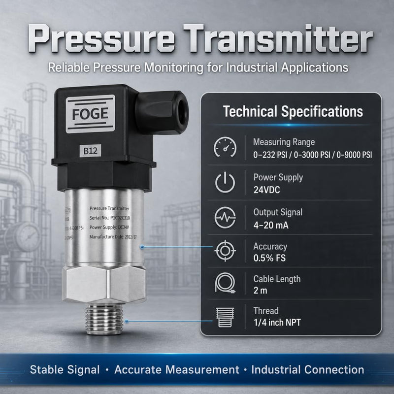 Pressure Transmitter Sensor 0-3000 PSI,Industrial Pressure Transducer,1/4 NPT Thread Stainless Steel Gauge Pressure Sensor for Oil Fuel,Water,Air DIN connector