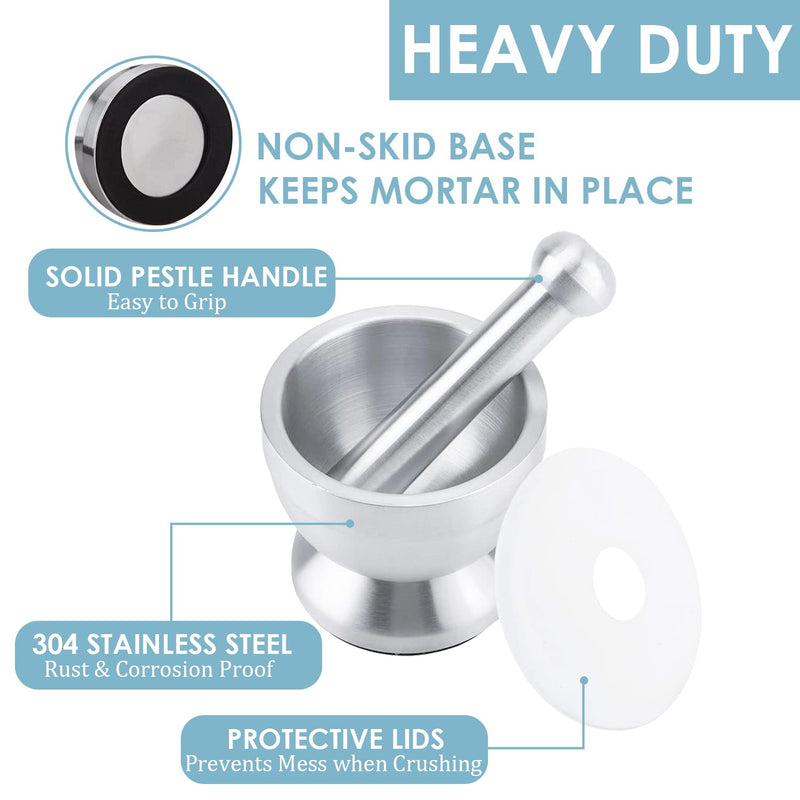 Stainless Steel Mortar and Pestle Set, Spices Grinder Pill Crusher with Silicone Protective Lid - Heavy Duty Mortar Pestle for Molcajete Herb Bowl, Pesto Powder, Spices Herbs Grinder