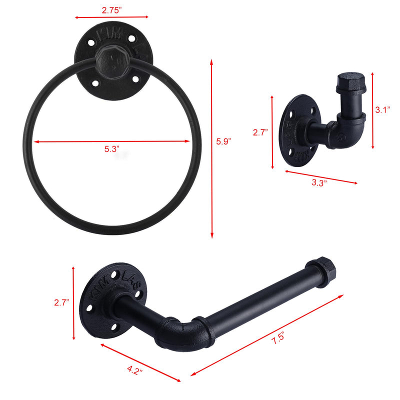 HighFree Industrial Pipe Bathroom Hardware Set, Matte Black Wall Mounted Hardware Accessories, Farmhouse Toilet Paper Holder, Towel Ring for Bathroom (Paper Holder+Towel Ring+Hook)