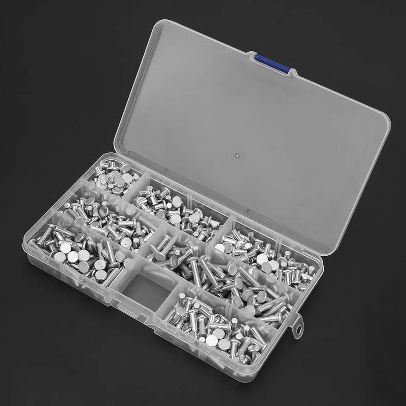 Solid Rivet Kit M4 Flat Head, 350Pcs Aluminum Rivets Assortment Kit, Multiple Aluminum Rivets Length 4/6/8/10/12/16/20mm, Solid Rivets Assortment Kit with Plastic Box