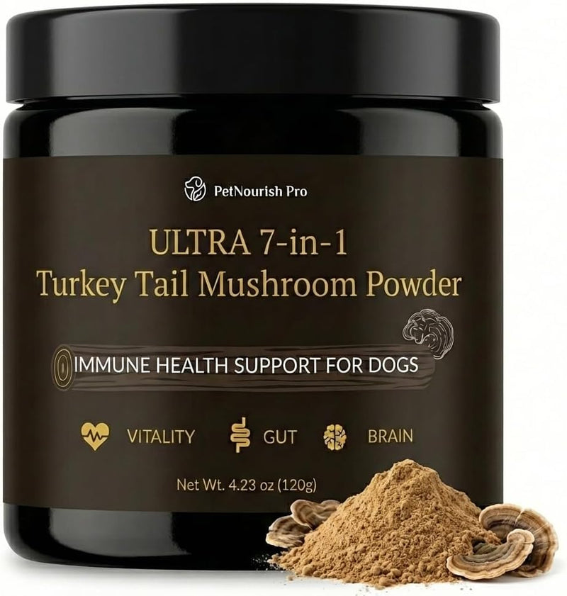 Turkey Tail Mushroom for Dogs – Ultra 7-in-1 Mushroom Powder with Beta-Glucans, Immune, Digestive & Brain Support, Chicken Liver Flavor, Daily Supplement for Dogs (120g)