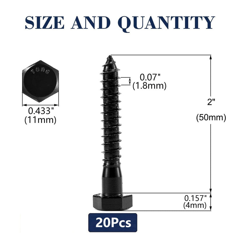 1/4" x 2" Hex Head Lag Screws Bolts 20Pcs 304 Stainless Steel 18-8, Partial Thread, Hexagon Head Wood Screws Black Oxide by SG TZH 20 1/4" x 2"