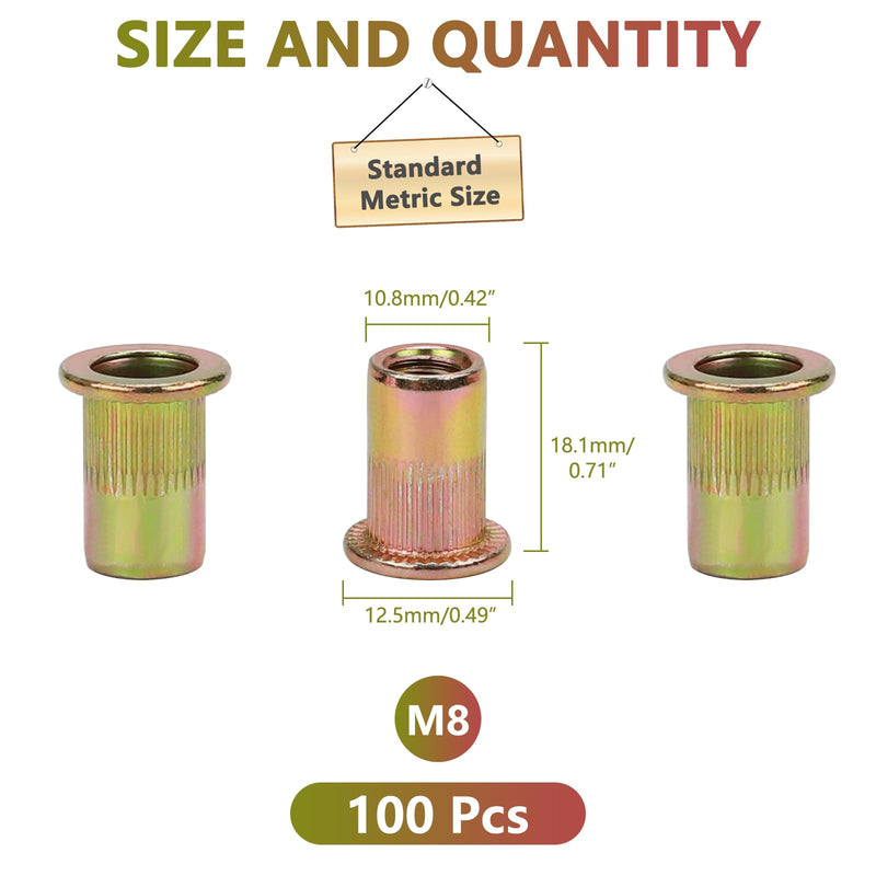 100pcs M8 Rivet Nuts, M8 Flat Head Rivnut Threaded Insert Nuts with Knurled Body, Metric Zinc Plated Carbon Steel Insert Nutsert for Automotive, Furniture, Decoration