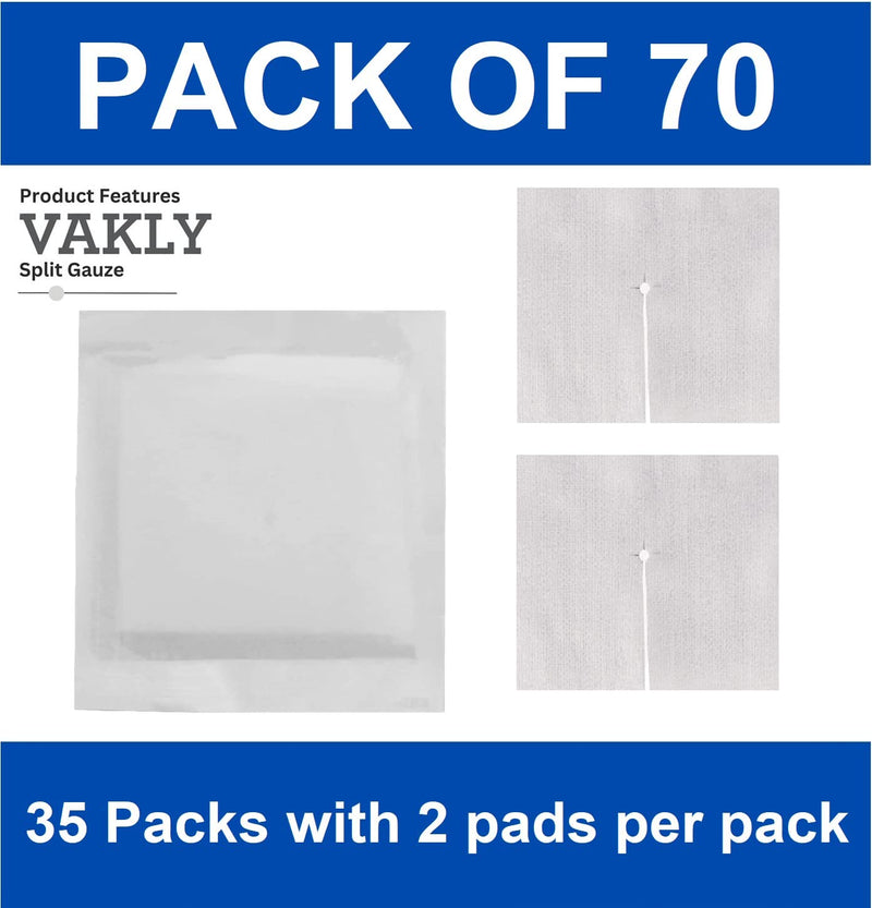 Split Drain Sponge Gauze 2x2 Sterile 6 Ply Pads [Pack of 70] Absorbent Precut 2"X2" Non-Woven Slit Bandage for I.V. Tracheostomy - 35 Packs of 2 Pre Cut Bandages + 1 Roll of Medical Tape