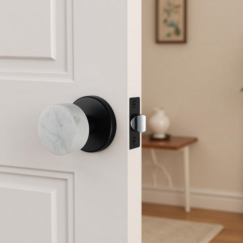 Modern White Marble Door Knob with Matte Black Rosette, Passage Interior Door Handle for Hallway and Closet, Non-Locking Design White-Black