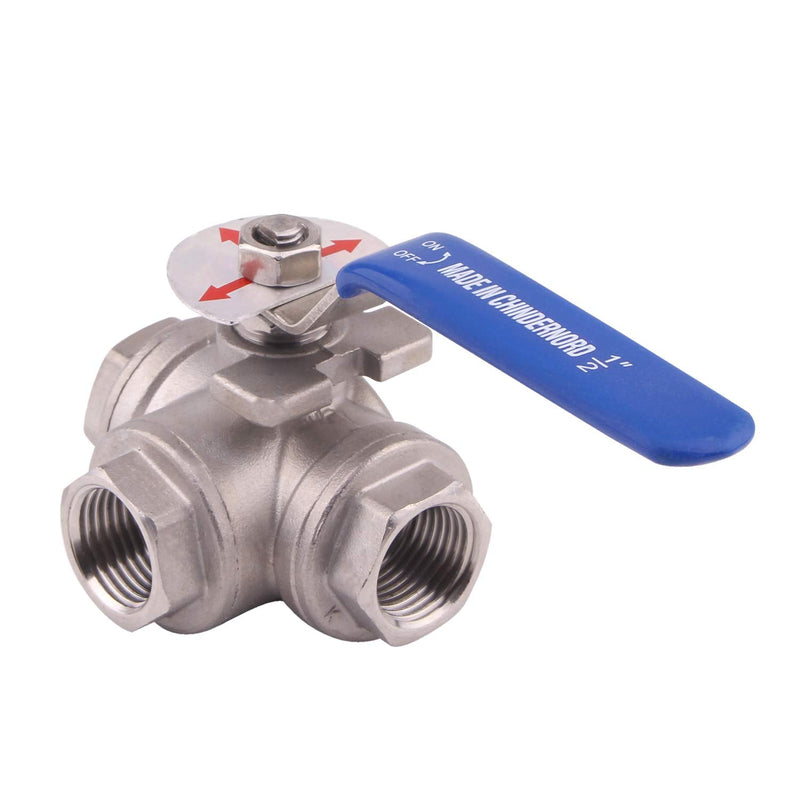 DERNORD 3-Way Ball Valve, T Mounting Pad, Stainless Steel 304 Female Type with Vinyl Locking Handle (1/2 Inch NPT) 1/2 Inch NPT
