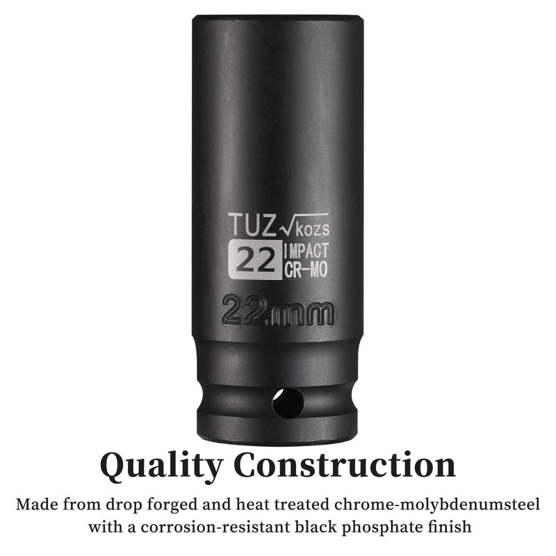 1/2-Inch Drive 22mm Deep Impact Socket with 6-Point Design, Heat-Treated Chrome Molybdenum Alloy Steel, Metric，Hex Deep Socket 1/2” Drive 22mm Deep 1/2” Drive Deep Socket