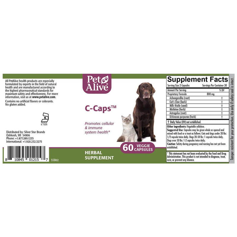 PetAlive C-Caps - All Natural Herbal Supplement Promotes Cellular and Immune System Health in Dogs and Cats - 60 Veggie Caps 60 Count (Pack of 1) - PawsPlanet Australia