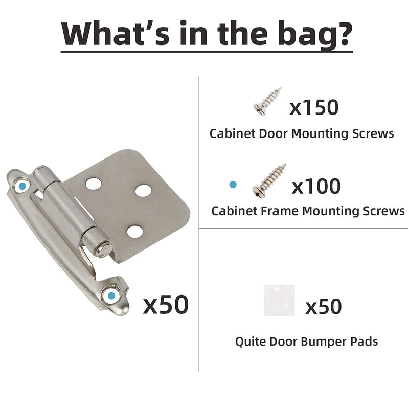 DecoBasics Cabinet Hinges Brushed Nickel for Kitchen Cabinets Doors (25 Pair -50 Pcs) -1/2" Overlay (Variable) -Self Closing Kitchen Cabinet Hinges Flush Mount w/Silicon Bumpers & Hardware Screws 50 Pack