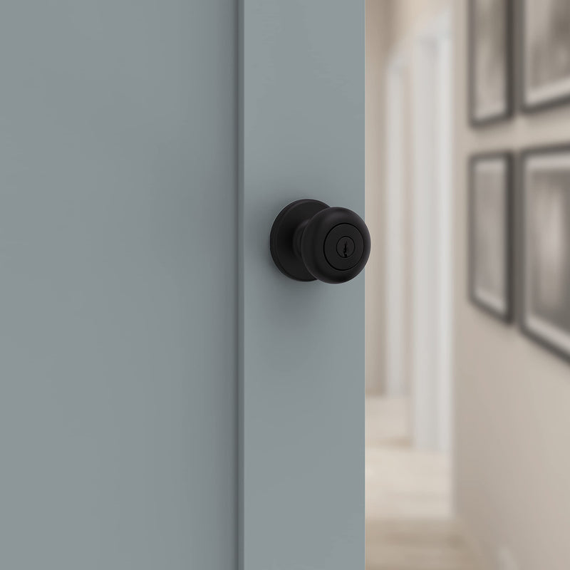 Kwikset Cove Entry Door Knob with Lock and Key, Secure Keyed Handle Exterior Doorknob, Front Entrance and Bedroom, Matte Black, Pick Resistant SmartKey Rekey Security 1 Pack Keyed Entry