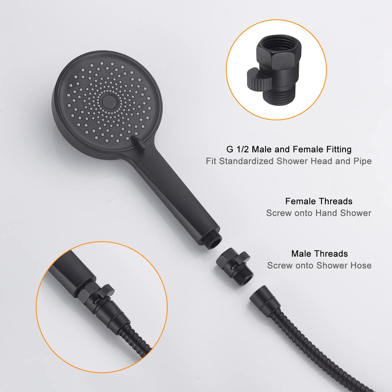 Matte Black Water Flow Control Valve, 1/2" Shower Head with Shut Off Valve, Brass Shut Off Valve for Handheld Shower, Water Pressure Regulator Replacement for Shower System Matte Black