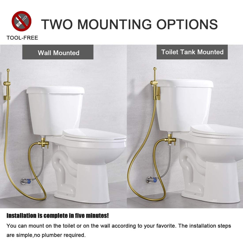 Handheld Bidet Toilet Sprayer, Brass Hand Held Bidet Attachment Cloth Diaper Toilet Sprayer with Backflow Preventer, Adjustable Water Jet Spray for Toilet with 7.9" Long Bidet Wand, Brushed Gold