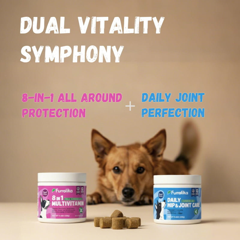 Furrolika Made in USA Dog Supplement Bundle: Joint Support & Multivitamin Chews with Glucosamine, Chondroitin, and Probiotics for HIPS, Gut, Skin & Coat Health - Beef Flavor - 60 Chews Each