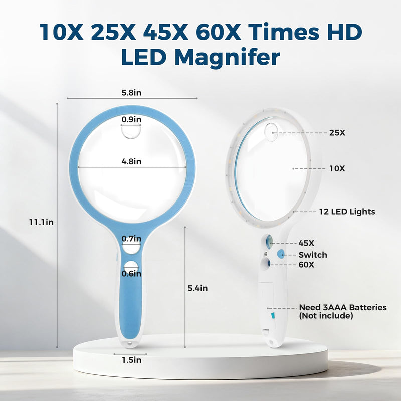 Large Magnifying Glass with Lights,10X 25X 45X 60X Handheld Illuminated Lighted Magnifier, 5in Page Reading Magnifier with 12 LED Lights for Seniors Reading, Coins, Jewelry, Close Work - Blue