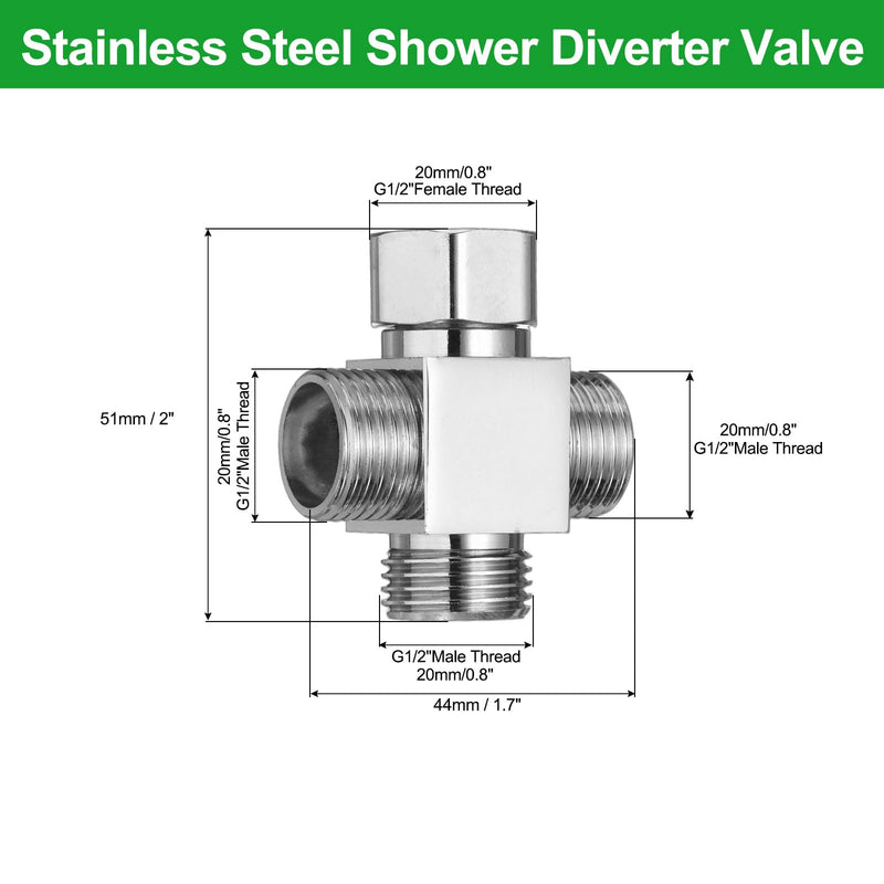 uxcell G1/2" Shower Diverter Valve 4 Way, Stainless Steel Bidet Square Adapter Connector Hose Fitting Tee with PTFE Tape for Bidet Angle Valve Hose Bath Toilet Faucet(53mm,Silver)