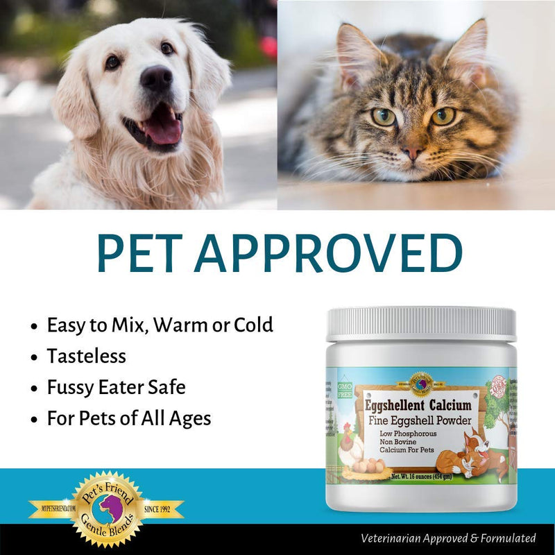 Calcium for Dogs and Cats - Fine Eggshell Powder - Strong Hip & Joint Supplement for Dogs and Cats- Dietary Supplement - No Additives - Pet's Friend Eggshellent Calcium 16oz 1 Pound (Pack of 1)