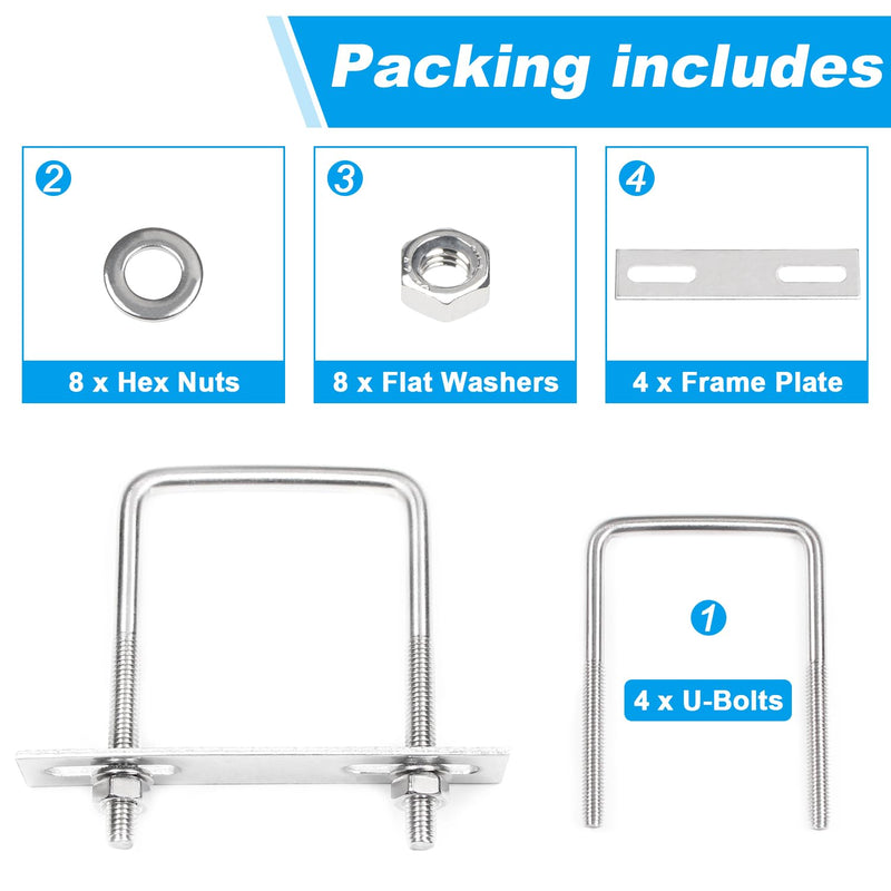 Yinpecly 4 Pack Square U-Bolts 2"/50mm Inner Width 3.15"/80mm Length 304 Stainless Steel U Bolts M6 with Washers & Nuts & Frame Plate for Automobiles Trailer, Ski Boat, or Sailboat Trailer M6x50x80mm
