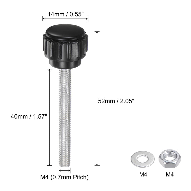 uxcell 4 Sets Knurled Knobs Thumb Screws with Nuts Washers, Metric M4 x 40mm Male Thread 14mm Plastic Head, Zinc Plated Carbon Steel Stud Hand Knobs Clamping Thumbscrews Handles, Black M4 x 40mmx 14mm