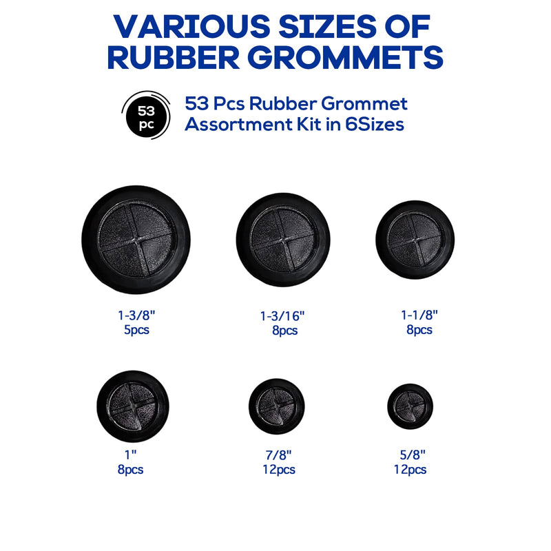 53 PCS 6 Size Rubber Grommets for Wiring, Double Sided Round Rubber Hole Plug, Firewall Grommet Rubber Hole Plugs, Drill Hole Sizes of 5/8" 7/8" 1" 1-1/8" 1-3/16" 1-3/8", Black 53PCS