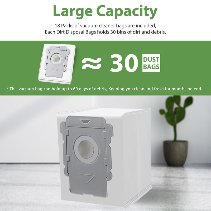18 Pack Vacuum Bags for iRobot Roomba i7, i7+, i7Plus, i8, i8+, i3, i3+, i4, i4+, i6, i6+, s9, s9+, s9Plus, i and s Series Clean Base Automatic Dirt Disposal Bags 18 Pack