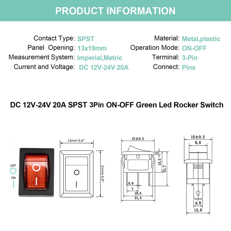 QTEATAK KCD1 SPST On/Off 3-Pin 2-Position Snap DC 12V-24V 20A Red LED Boat Rocker Toggle Switch - 5Pack (Only for DC12-24V)