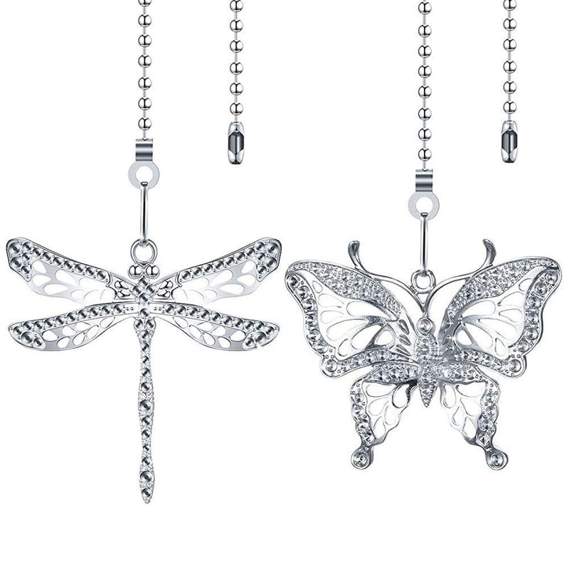 Silver Ceiling Fan Pull Chain Extender,Dragonfly and Butterfly Decorative Fan Chain Pendant Extension,12in Chain 3mm Beaded Fan String Chain Ornaments with Connector for Fan Lamp,2Pack Silver