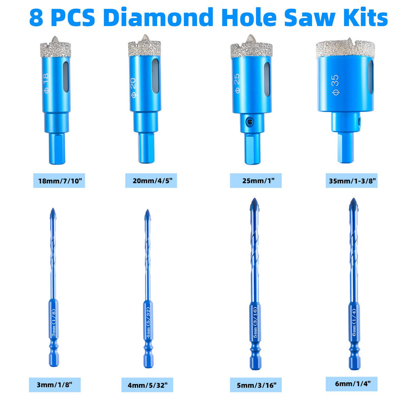 Diamond Hole Saw Kit with Pilot Drill Bit & Carbide Drill Bits - 18/20/25/35mm Hole Saws + 3-6mm Hex Shank Bits for Glass, Ceramic, Marble, Porcelain Tile, Granite, Quartz, Brickwork 1