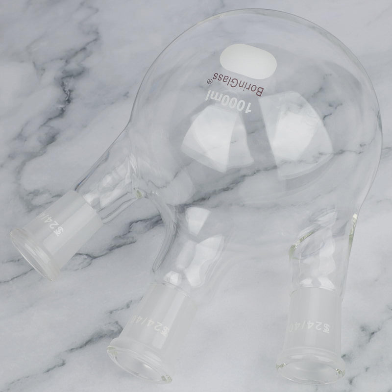 BorinGlass Three Necks Round Bottom Flask RBF, Glass 3-Neck Boiling Flask with 24/40 Standard Taper Outer Joint, 1000 ml