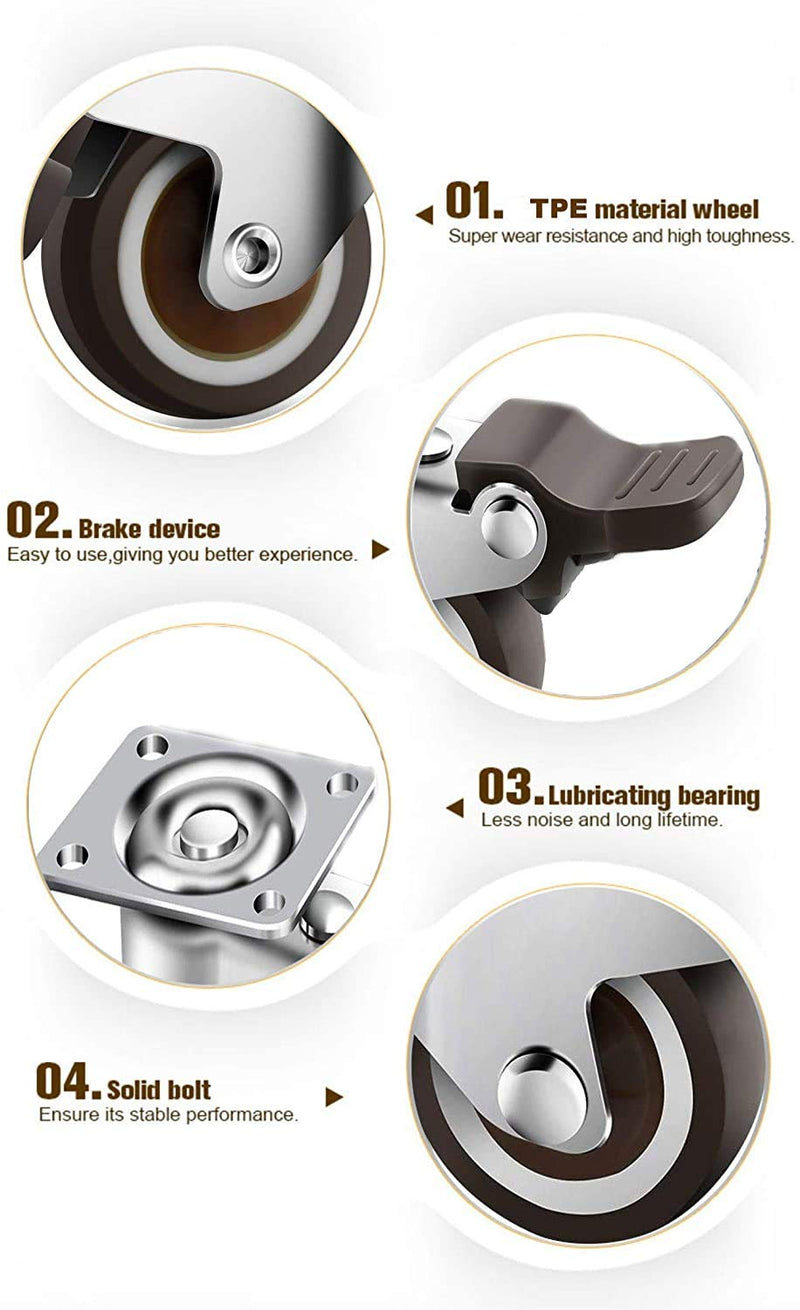 GBL 1" Small Caster Wheels with 2 Brakes + Screws - 90Lbs - Low Profile Castor Wheels with Brakes - Set of 4 No Floor Marks Silent Casters - Mini Wheels for Cart and Furniture