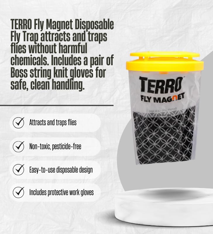 5X TERRO Fly Magnet Disposable Fly Trap 1 pk Bundle with Work Gloves – Outdoor Trap attracts and captures Common Flies; Simple Setup with no-Mess Disposal After use – Gift Set (6 Items)