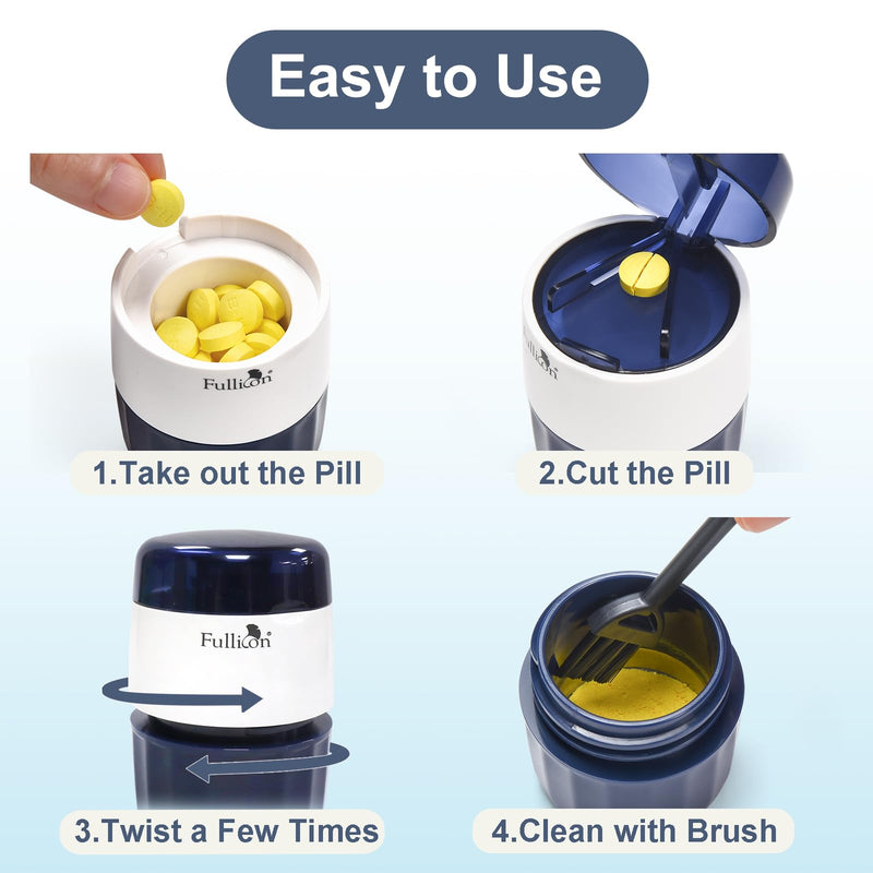 Fullicon 3 in 1 Pill Crusher Fine Powder with Stainless Steel Grinding Head, Pill Grinder for Elderly & Pet, Pill Cutter Splitter with Storage, Triturador de Pastillas with Free Brush (Indigo)