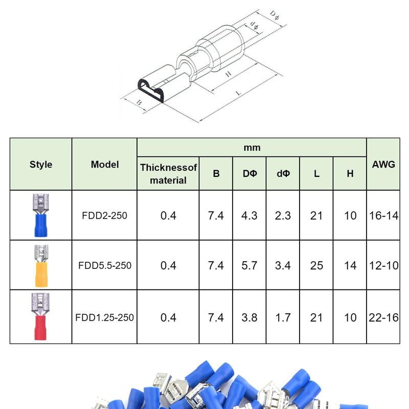 200Pcs Quick Disconnects Vinyl Insulated Female Spade Wire Connectors, 16-14 AWG-6.3mm 1/4" Electrical Crimp Terminal Female 200pcs AWG16-14 Blue