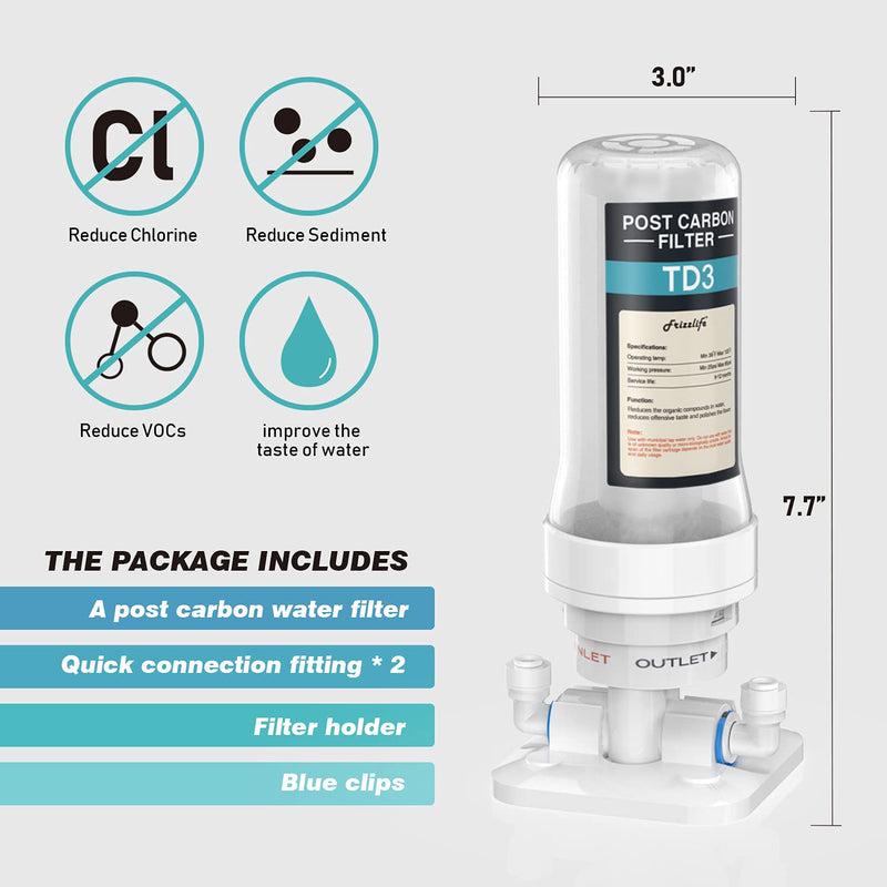 Frizzlife TD-3 Inline Water Filter, Fast Replacement Post Water Filter Removes Chlorine, VOCs & Odor, Adjust Taste, 1/4" and 3/8" Quick Connect