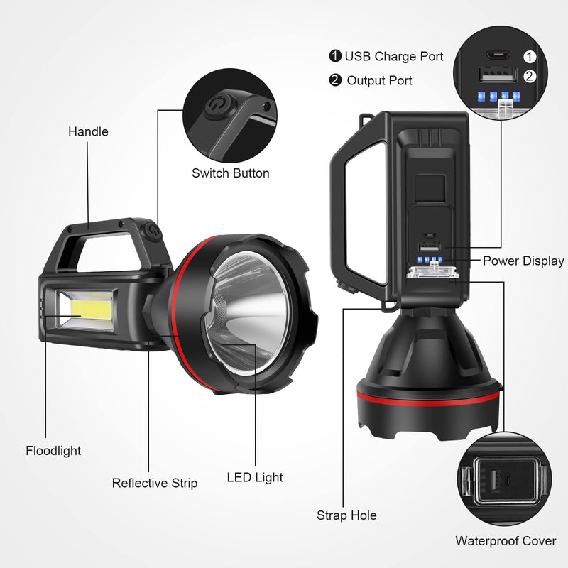 Rechargeable Spotlight Flashlight, High Lumens Handheld Spotlight,LED Searchlight with Shoulder Strap and USB Output for During Hurricane,Emergency, Storms,Hunting , Hiking, Camping(Black Pack of 2) Black2