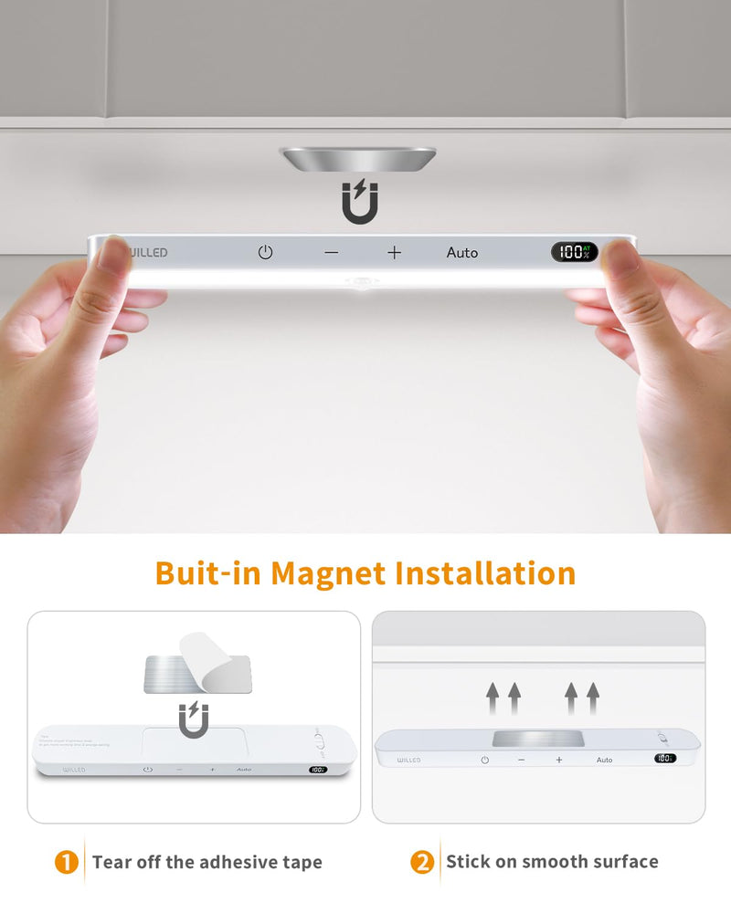 WILLED Under Cabinet Lights Rechargeable, Battery Display, 60 LED Touch Light Bar, Motion Sensor Light Indoor, Battery Operated Closet Light Wireless, Stick on Under Counter Lights for Kitchen(2 Pack) Cool White 6000K 2 Pack