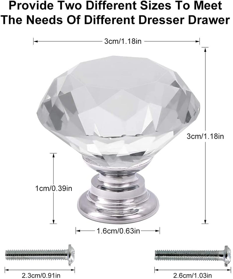 Akstore 6 Pcs Crystal Glass Cabinet Knobs 30mm Diamond Shape Drawer Kitchen Cabinets Dresser Cupboard Wardrobe Pulls Handles (30mm, Clear) 30 mm