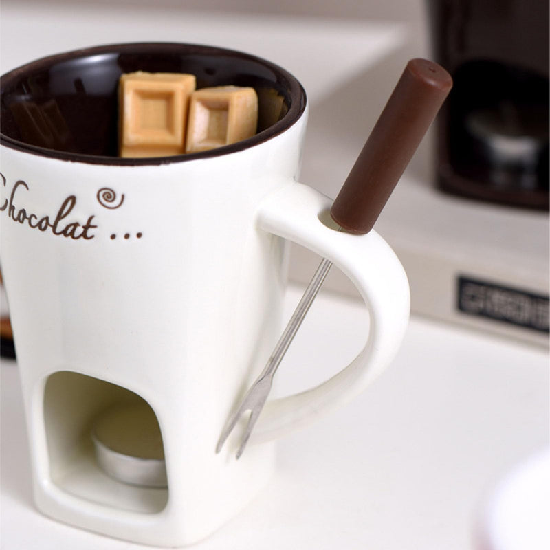 Chocolate Fondue Mug, Premium Ceramic Tealight Candle Heated Melting Cup with Fork for Dessert Parties Romantic Dinners Family Gatherings White 4.7 Inches