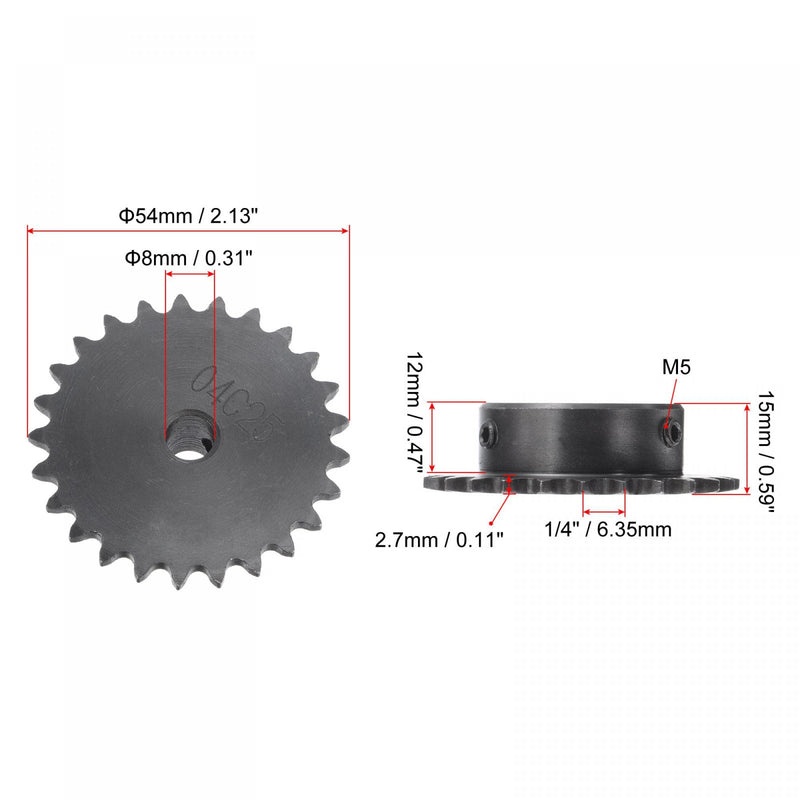 uxcell 25 Tooth Roller Sprocket B Type, #25 Chain, Single Strand 1/4" Pitch, 8mm Bore Black Oxide C45 Carbon Steel with Set Screws for ISO 04C