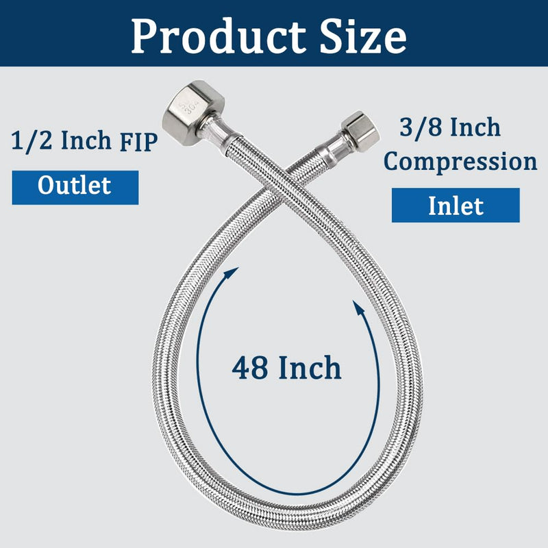 48" Faucet Supply Line,3/8" Comp x 1/2" FIP Flexible Faucet Connector,Stainless Steel Braided Supply Line for Long Distance Use of Faucet Sink, Water Heater, Angle Valve（Plumbers Tape Include） 48 Inch