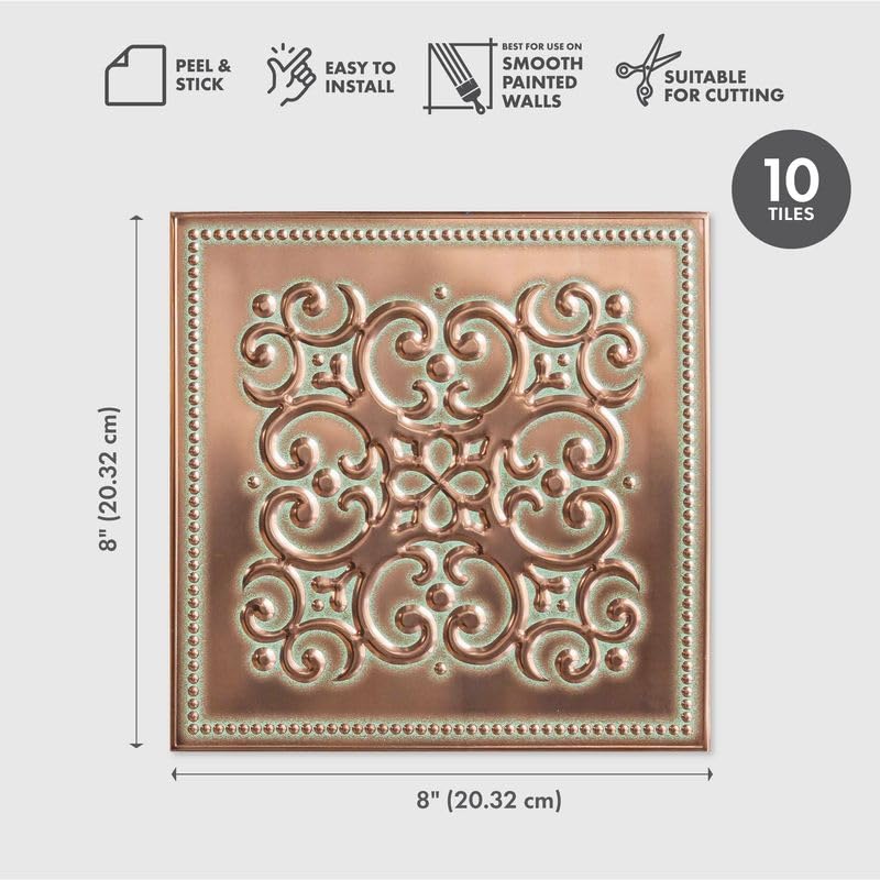 Peel and Stick Metal Backsplash Tiles, Patina Copper, 10-Pack