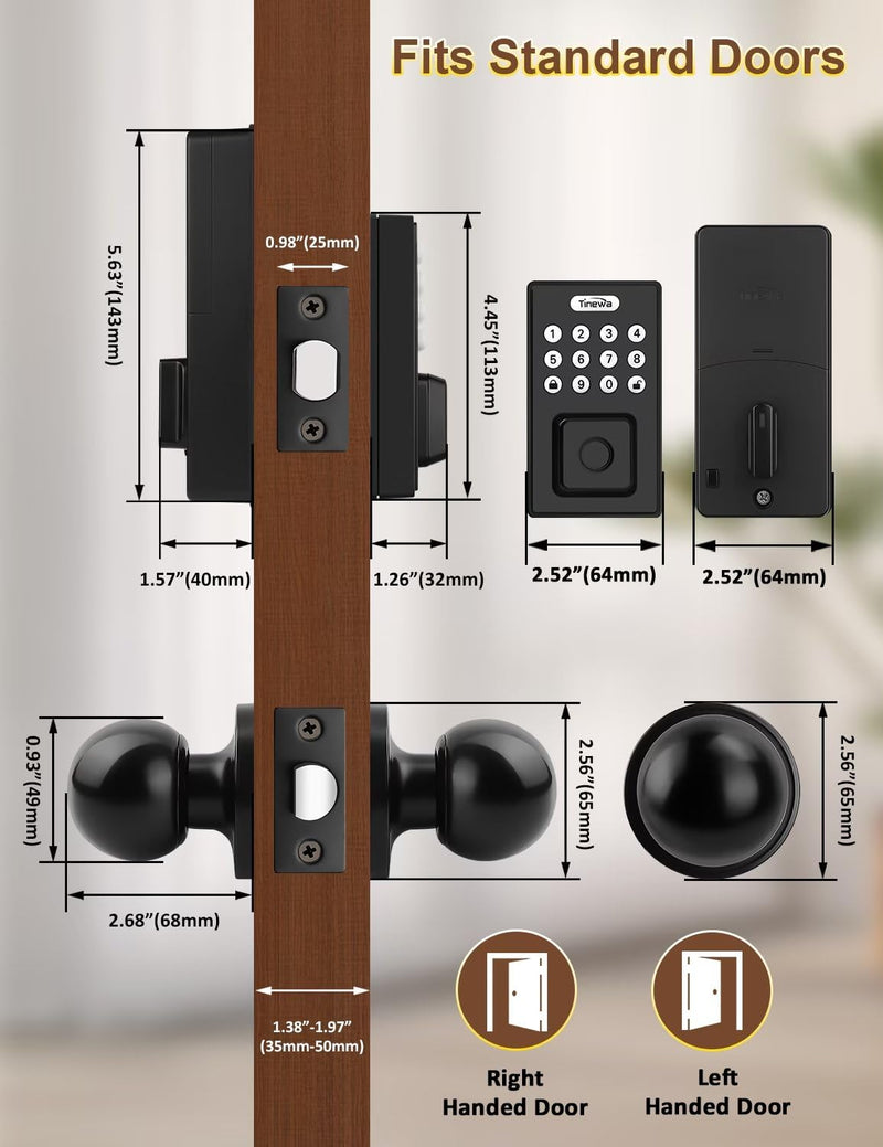 Keyless Entry Door Lock with Door Knobs, Fingerprint Entry Door Handleset, Electronic Digital Keypad Deadbolt with App, Auto Lock & One Touch Locking, Front Smart Door Handle Sets, Black Jet black